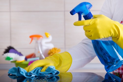 Cleaning operative using protective gear in a sanitised area